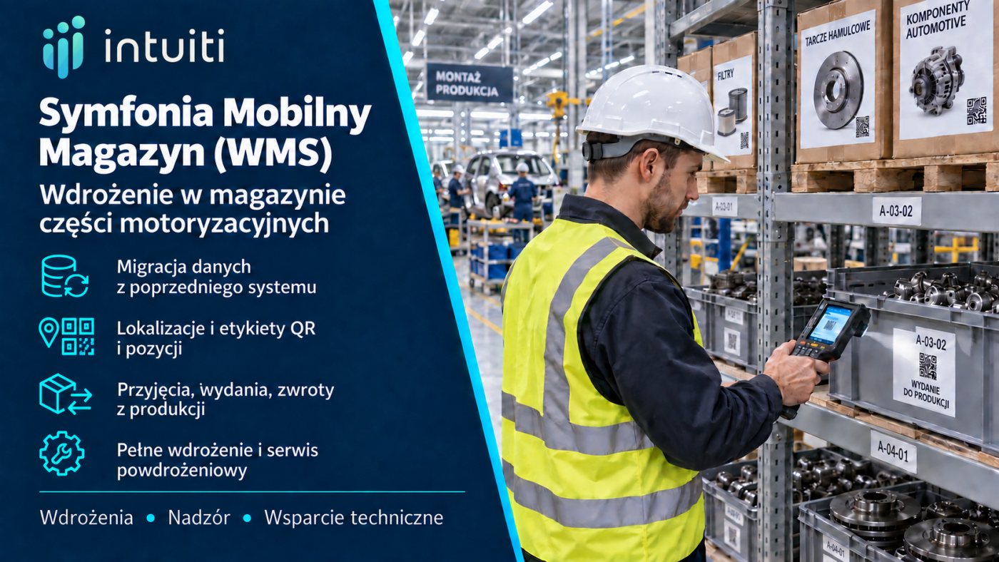 Magazynier skanuje etykietę lokalizacji A-03-02 w magazynie części motoryzacyjnych, w tle linia montażowa