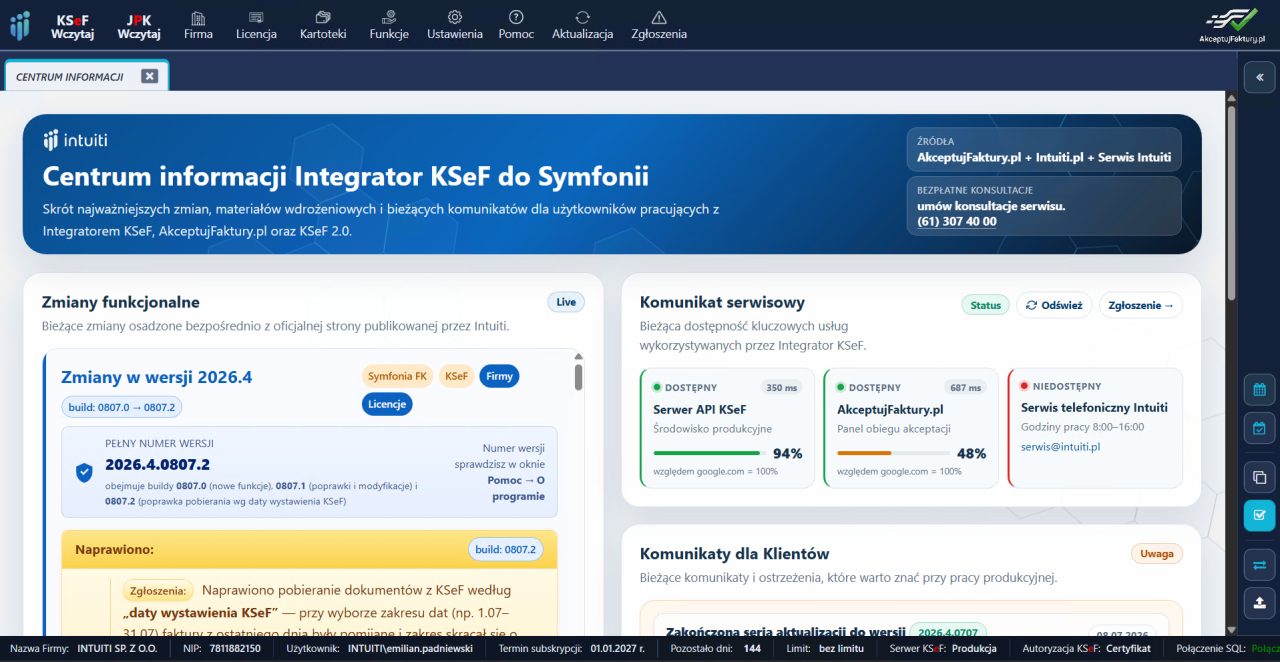 Integrator KSeF do Symfonii — centrum informacji ze zmianami w wersjach i statusem dostępności serwerów KSeF oraz AkceptujFaktury.pl