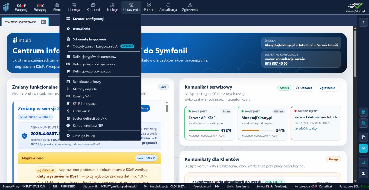 Integrator KSeF do Symfonii — menu ustawień z kreatorem konfiguracji, schematami księgowań, definicjami wzorców i rejestrami VAT