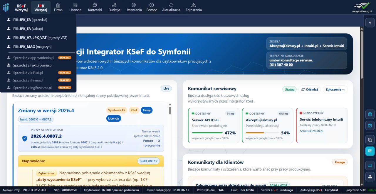 Integrator KSeF do Symfonii — menu wczytywania plików JPK_FA, JPK_V7 i JPK_MAG oraz importu sprzedaży z serwisów zewnętrznych