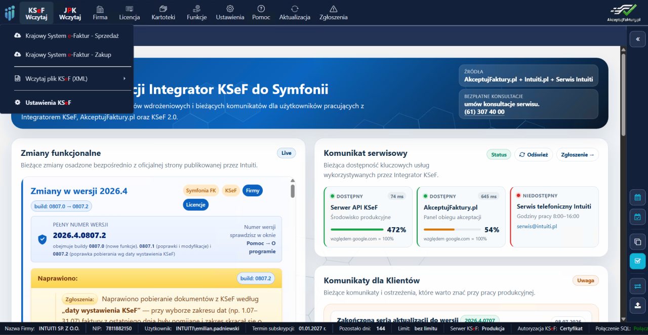 Integrator KSeF do Symfonii — menu wczytywania faktur sprzedaży i zakupu z Krajowego Systemu e-Faktur oraz importu pliku XML