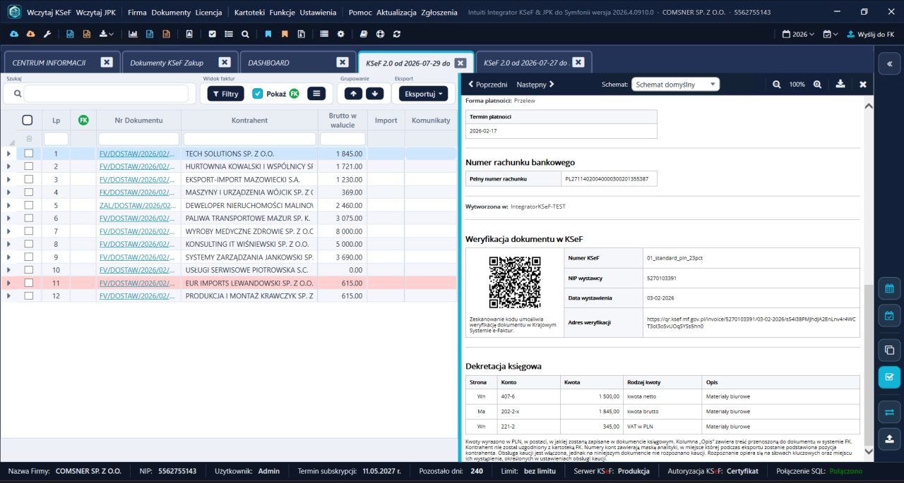 Integrator KSeF do Symfonii — panel podglądu faktury otwarty obok listy dokumentów, z kodem QR weryfikacji KSeF i dekretacją księgową