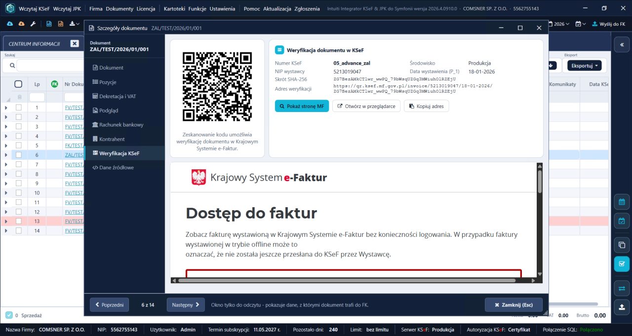 Integrator KSeF do Symfonii — weryfikacja dokumentu w KSeF z kodem QR, skrótem SHA-256 i stroną Ministerstwa Finansów w oknie programu