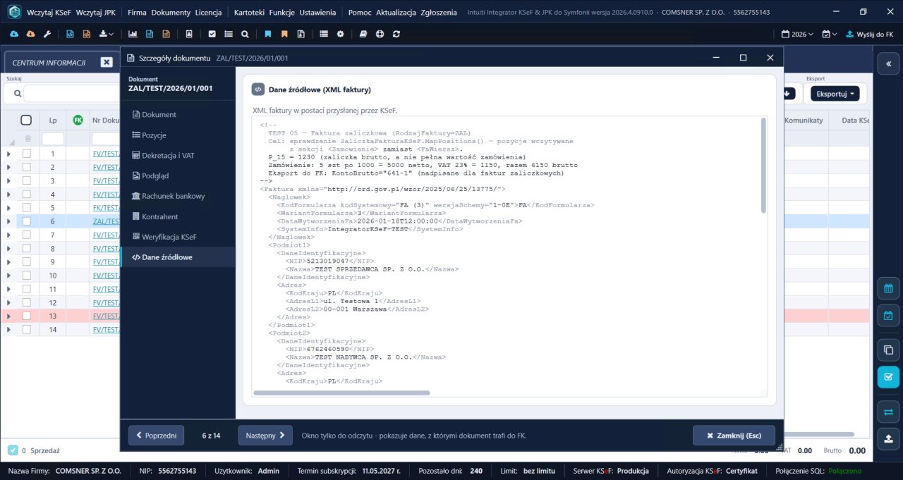 Integrator KSeF do Symfonii — dane źródłowe dokumentu, czyli XML faktury w strukturze KSeF przysłany przez system
