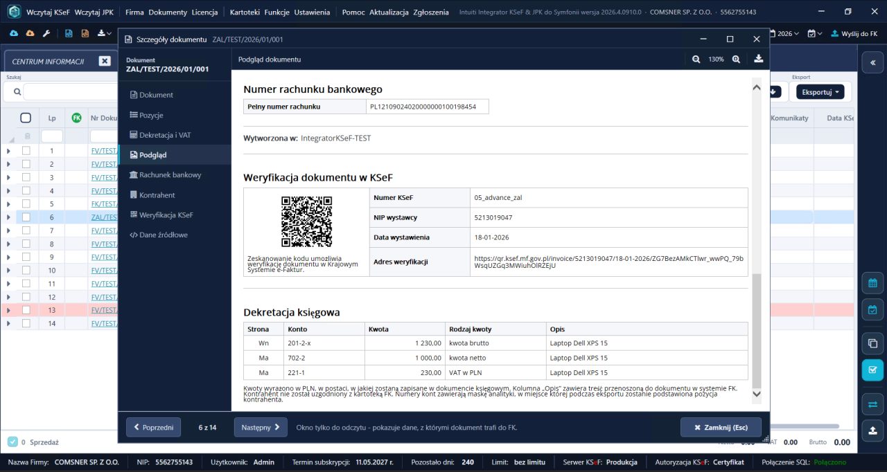Integrator KSeF do Symfonii — okno szczegółów dokumentu, zakładka podglądu z kodem QR weryfikacji KSeF i dekretacją księgową