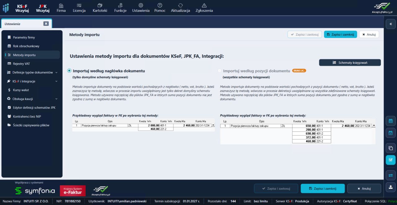 Integrator KSeF do Symfonii — ustawienia metody importu dokumentów z przykładowym dekretem dla importu według nagłówka i według pozycji