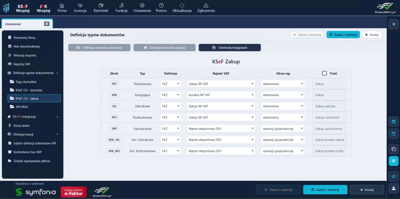 Integrator KSeF do Symfonii — definicje typów dokumentów KSeF zakupu z przypisanym rejestrem VAT i okresem ujęcia