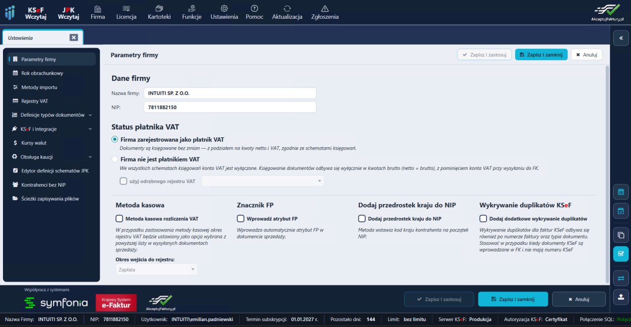 Integrator KSeF do Symfonii — parametry firmy ze statusem płatnika VAT, metodą kasową, znacznikiem FP i wykrywaniem duplikatów KSeF