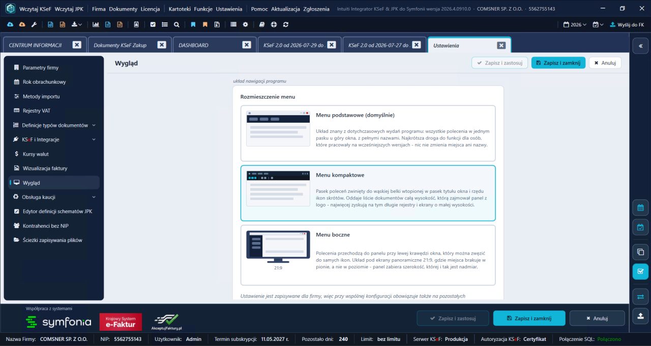 Integrator KSeF do Symfonii — ustawienia wyglądu z wyborem menu podstawowego, kompaktowego i bocznego
