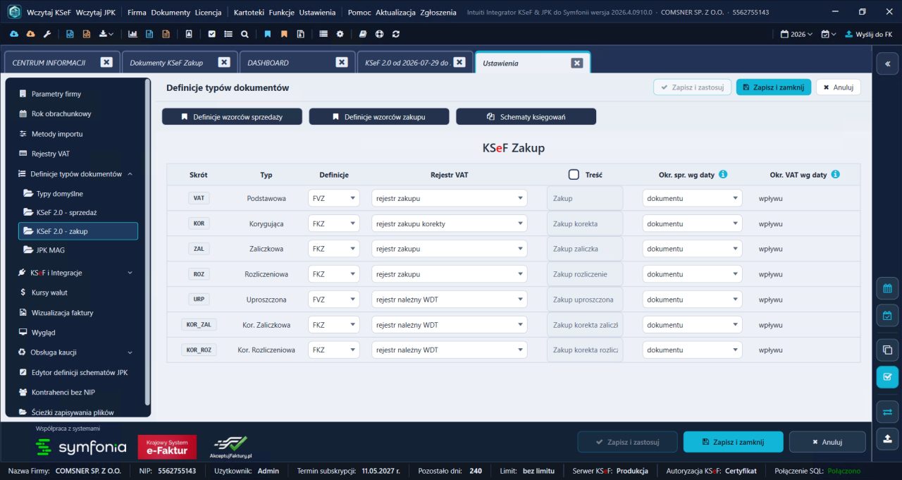 Integrator KSeF do Symfonii — definicje typów dokumentów KSeF 2.0 dla zakupu z rejestrem VAT i wyborem daty okresu sprawozdawczego