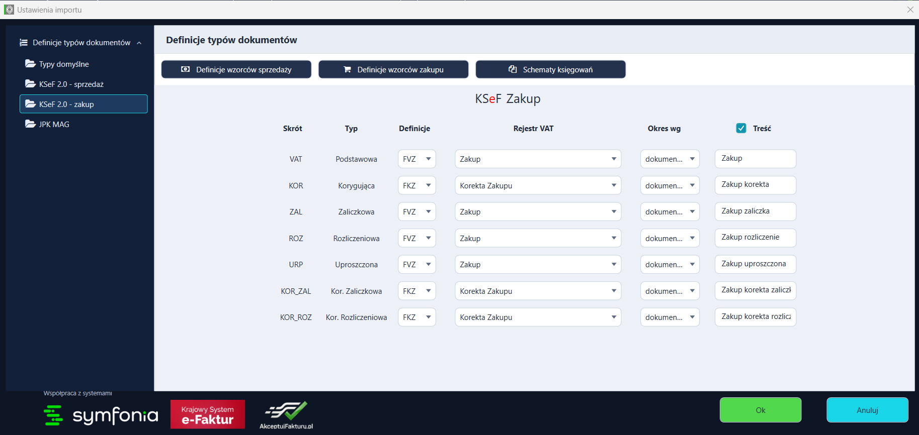 Zakładka KSeF 2.0 - zakup z tabelą definicji dla podtypów faktur (VAT, KOR, ZAL, ROZ, URP, KOR_ZAL, KOR_ROZ)