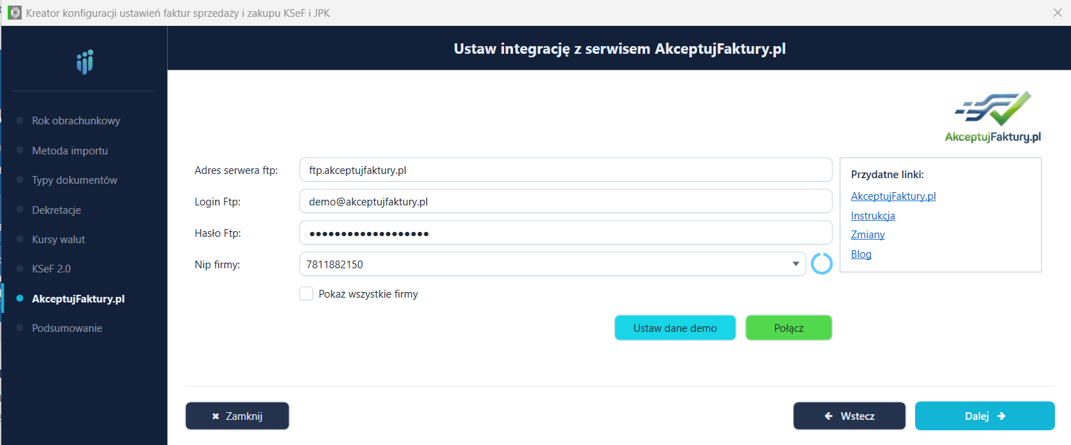 Krok 7 kreatora — konfiguracja integracji z serwisem AkceptujFaktury.pl