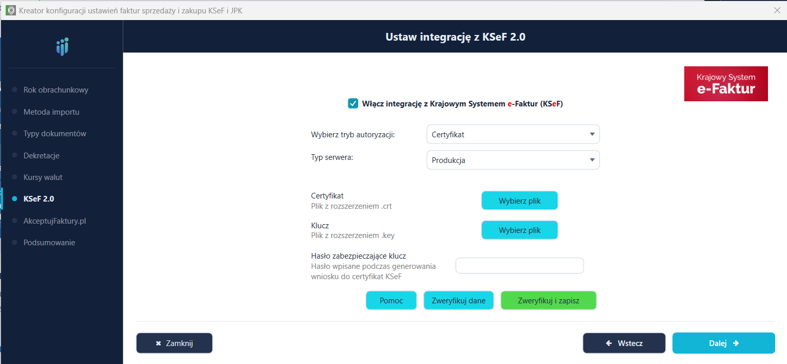 Krok 6 kreatora — konfiguracja integracji z Krajowym Systemem e-Faktur
