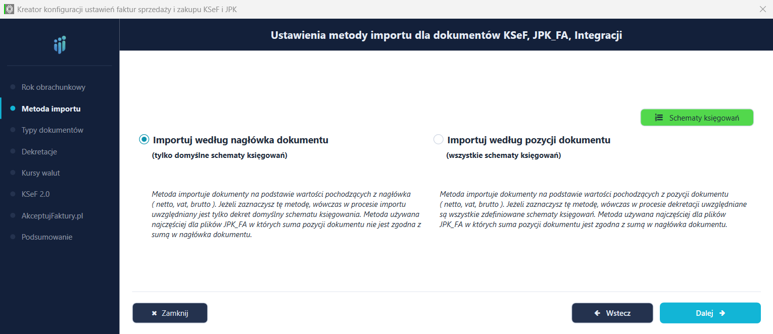Krok 2 kreatora — wybór metody importu wg nagłówka lub wg pozycji dokumentu