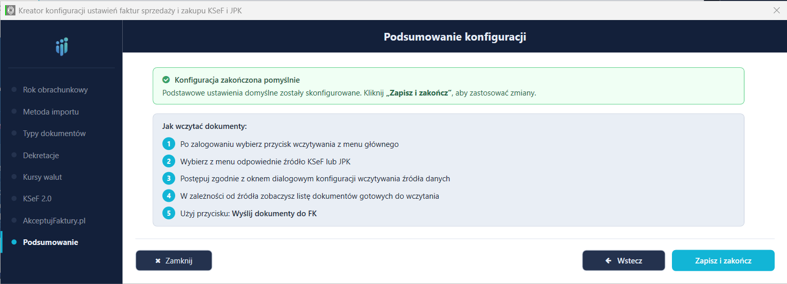 Krok 8 kreatora — podsumowanie konfiguracji z instrukcją wczytywania dokumentów