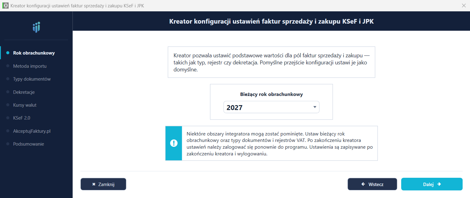 Krok 1 kreatora — wybór bieżącego roku obrachunkowego