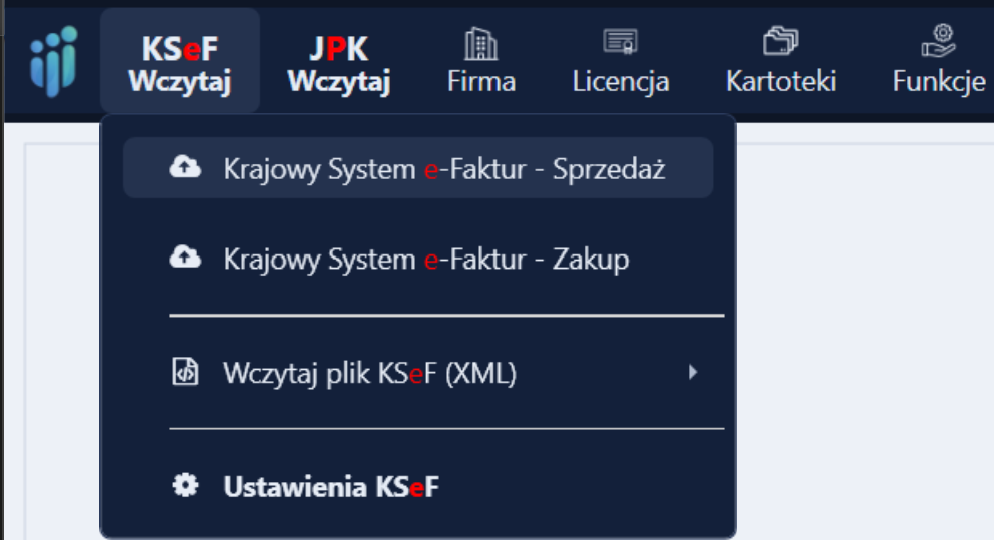 Menu „KSeF Wczytaj” z zaznaczoną pozycją „Krajowy System e-Faktur - Sprzedaż”