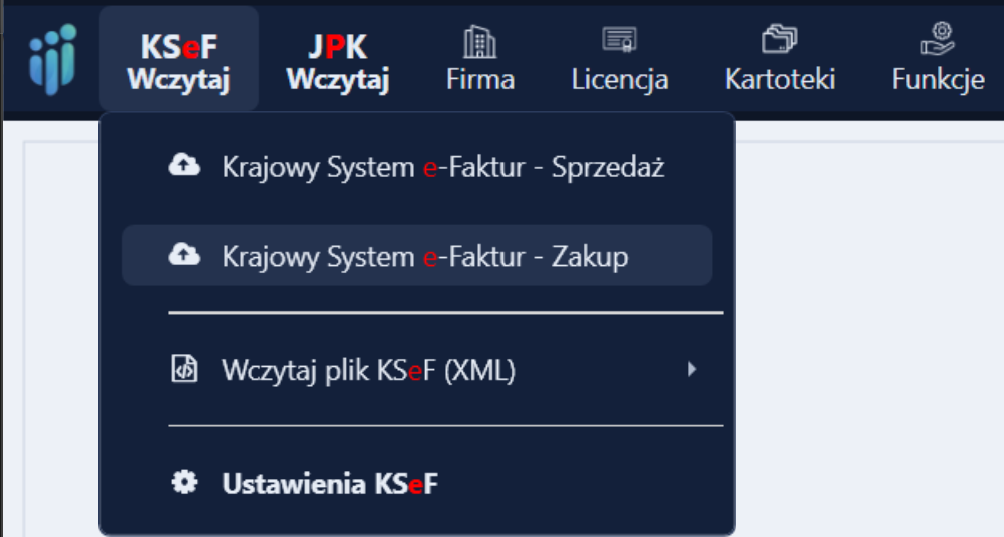 Menu „KSeF Wczytaj” z zaznaczoną pozycją „Krajowy System e-Faktur - Zakup”